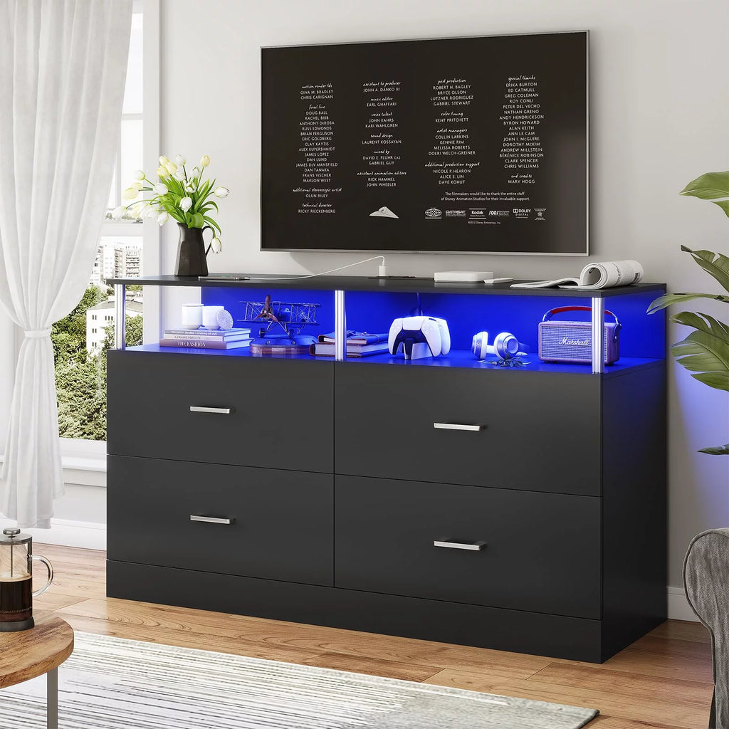 Black 4 Drawer Dresser with LED Lights & Charging Station B563