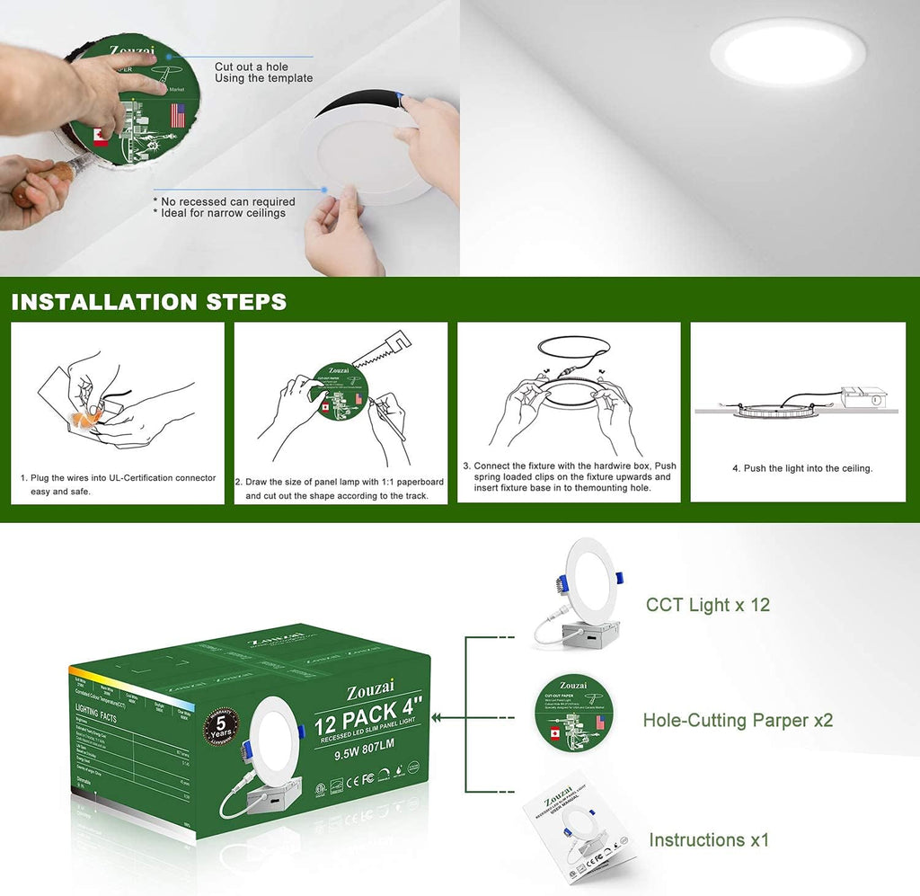 12 Pack 4 Inch 5CCT Ultra-Thin LED Recessed Ceiling Light with Junction Box, 9.5W 80W Eqv, Dimmable S844