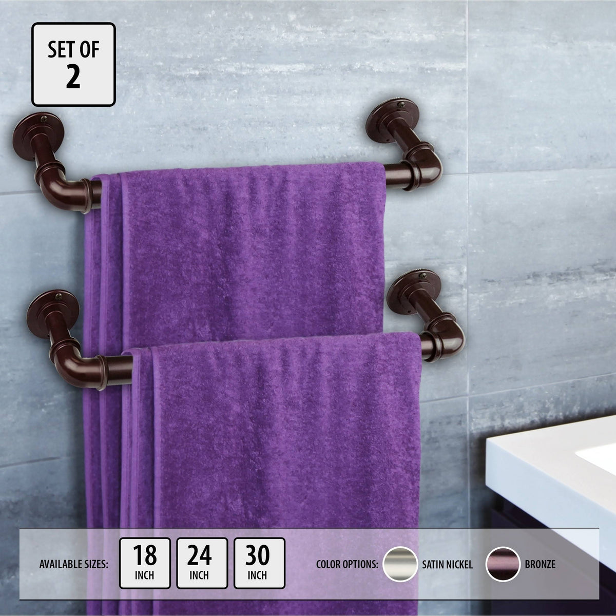 Industrial Pipe Design Towel Bar/ Closet Rod (Set of 2) Satin Nickel 24 Inches X83761