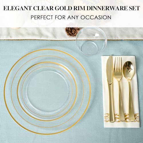 Clear 350 Count Plastic Dinnerware Set with Gold Rim F416