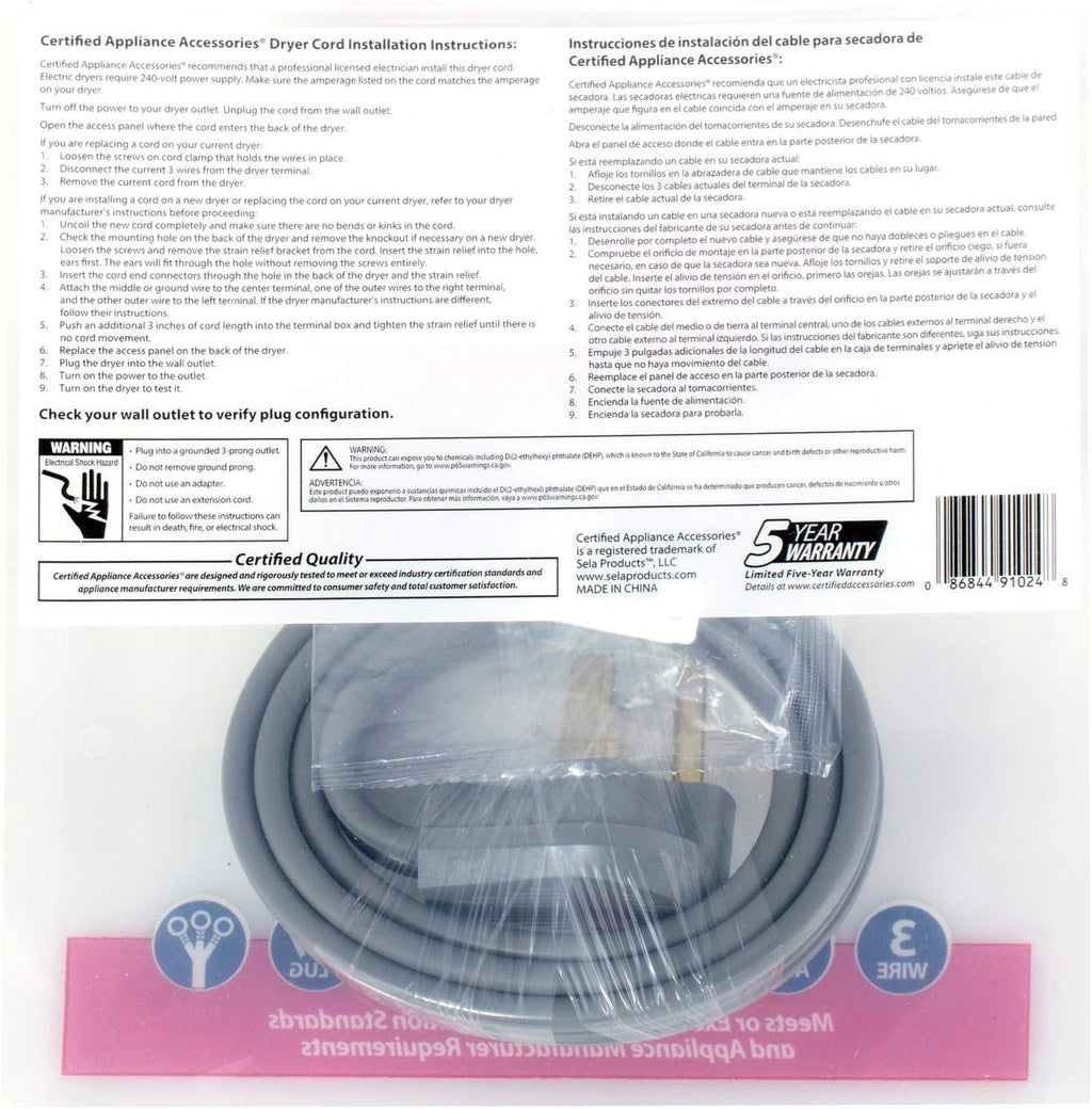 6 Foot 30-Amp Dryer Cord with 3 Eyelet Connectors A7618