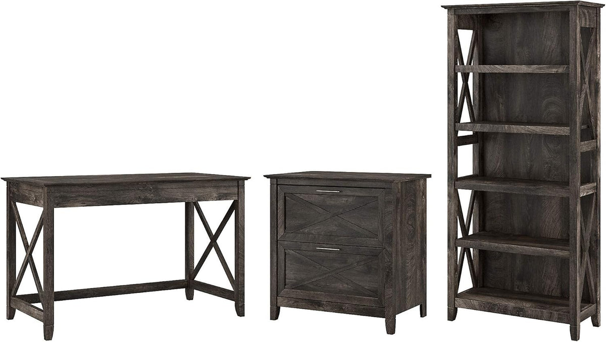 Key West Writing Desk with 2 Drawer Lateral File Cabinet and 5 Shelf Bookcase, Reclaimed Pine G274148