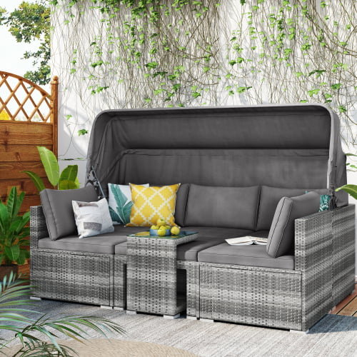 5 Pieces Wicker Patio Conversation Set with Canopy and Glass Side Table Y45036