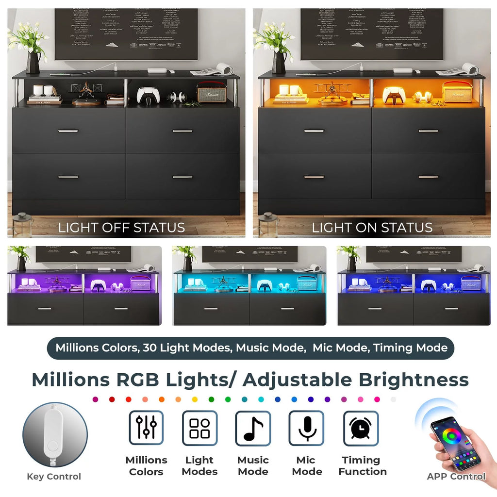 Black 4 Drawer Dresser with LED Lights & Charging Station B563
