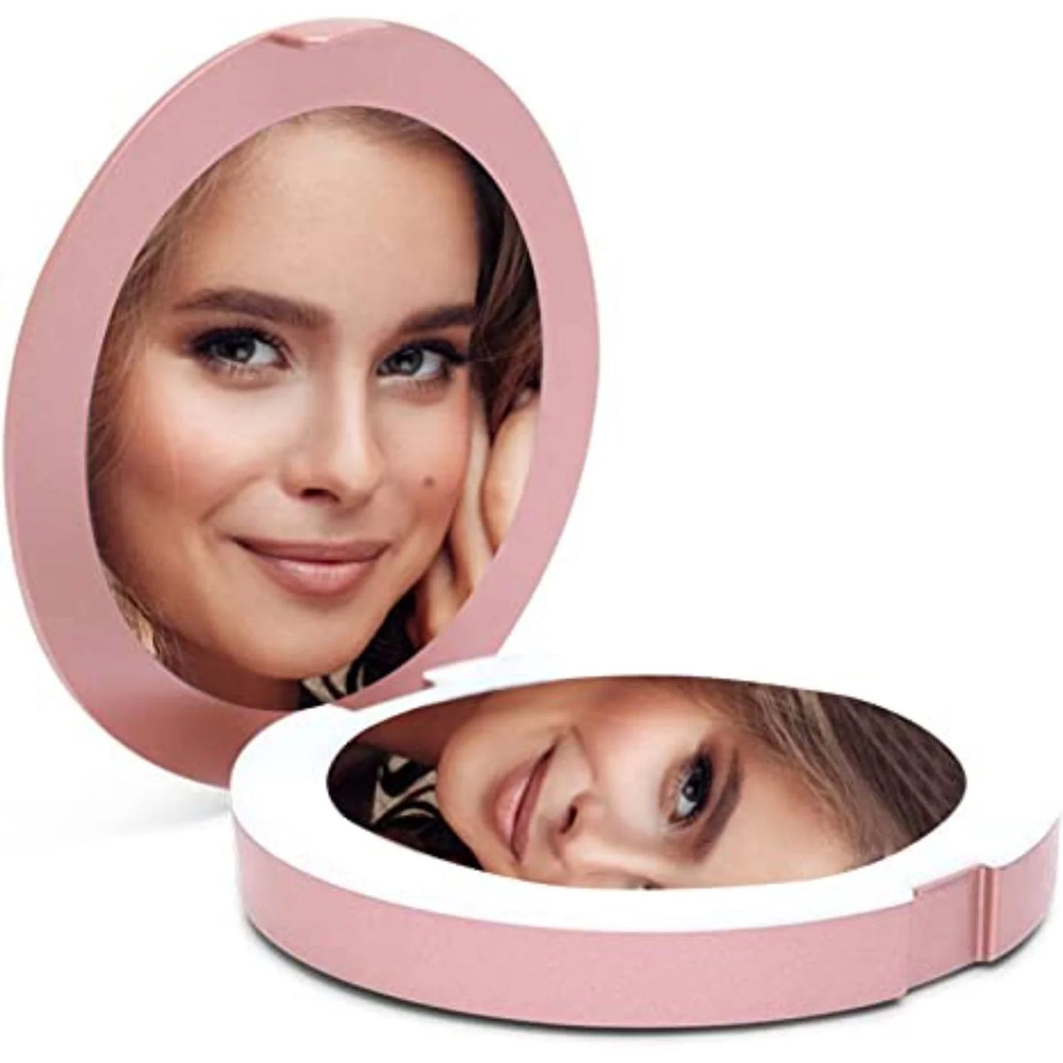 Rechargeable Lighted Round Travel Mirror with 5X Magnifying Glass V9406