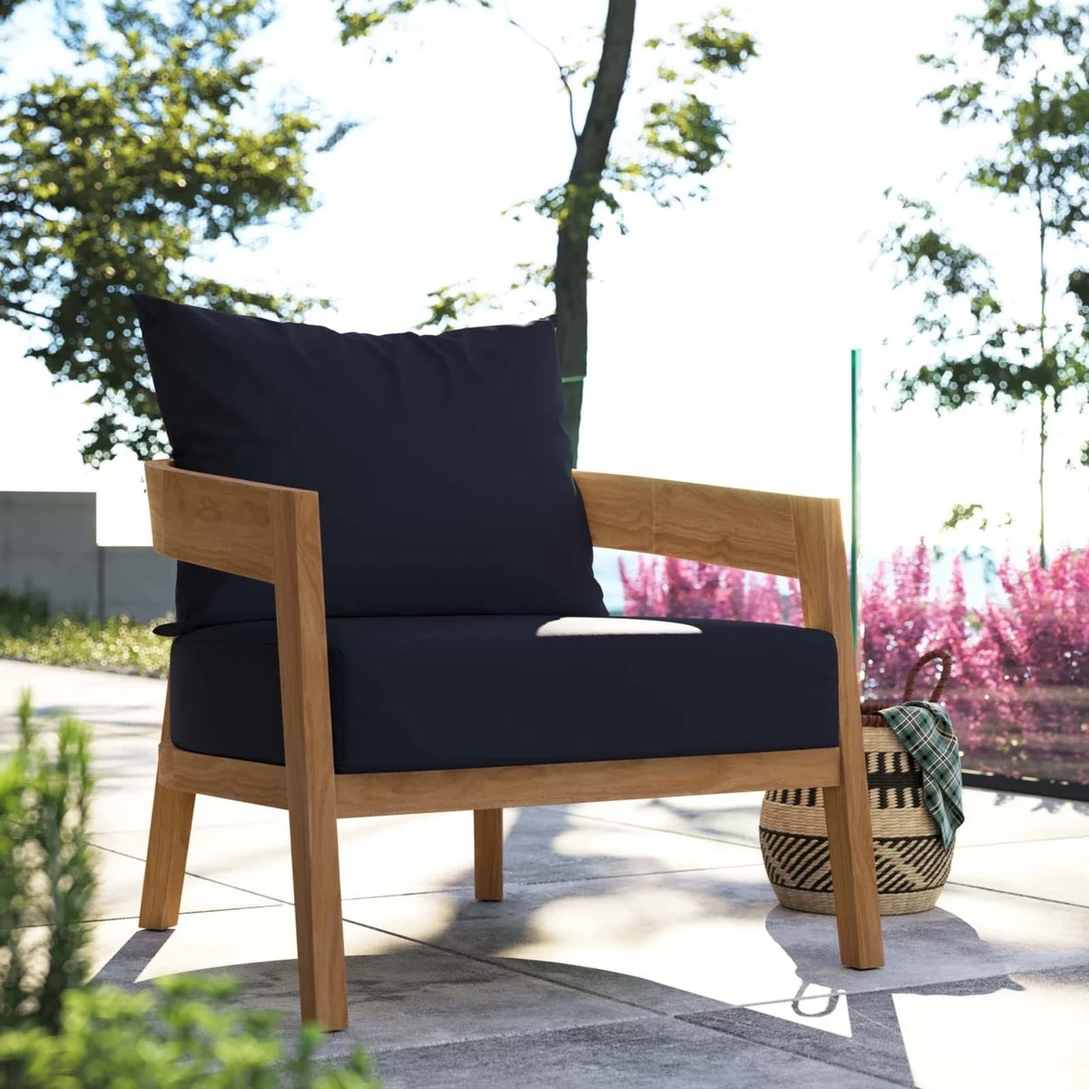 Navy Natural Fabric Teak Wood Outdoor Armchair J69644