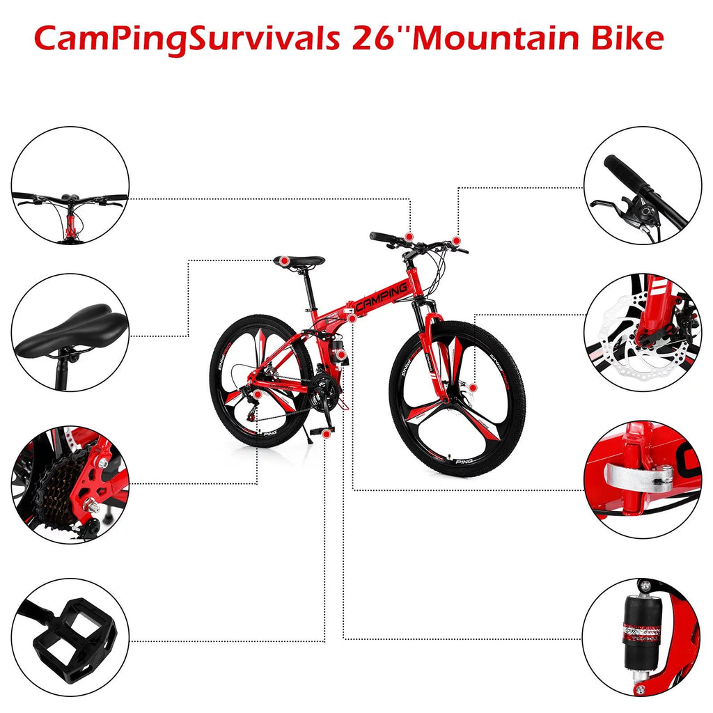 26 inch 21 Speeds Folding Mountain Bike High Carbon Steel Red U269