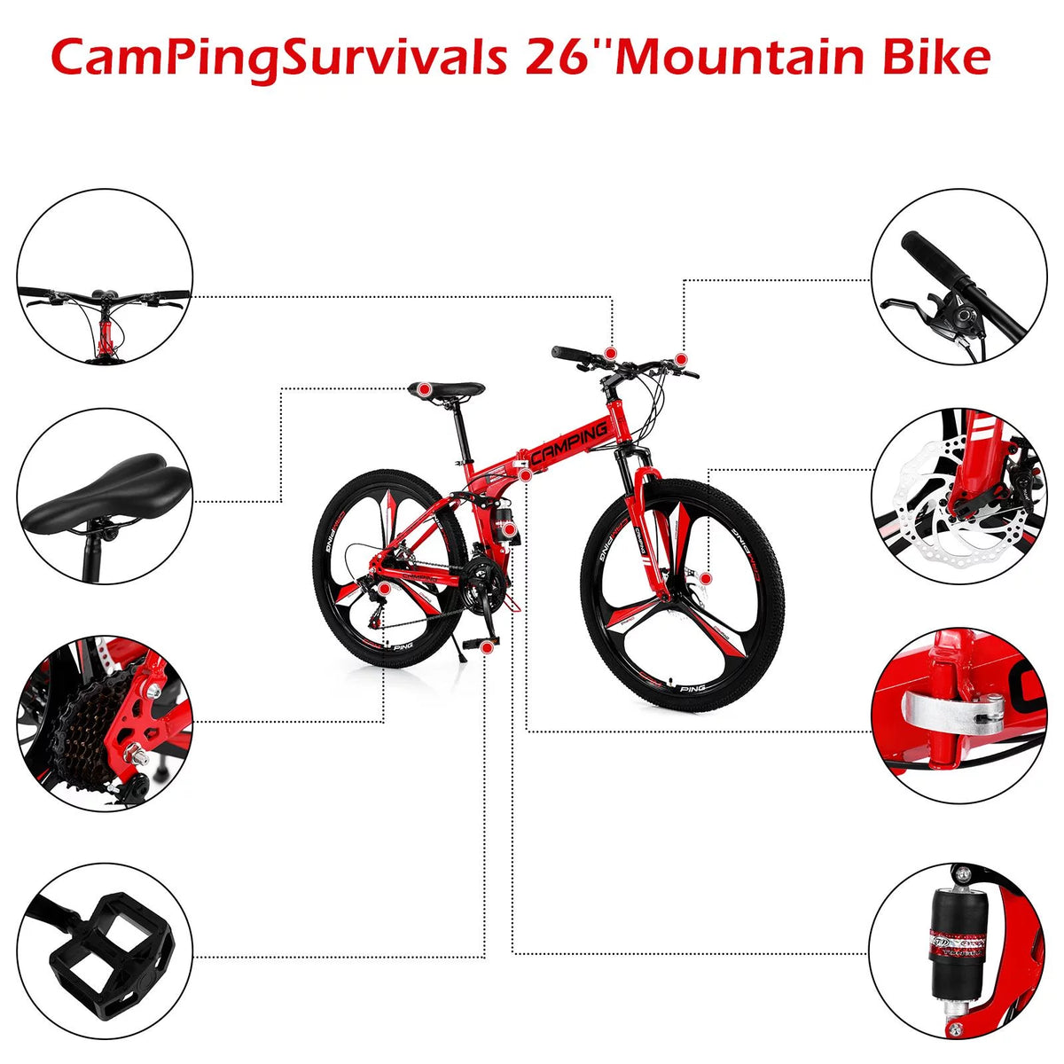 26 inch 21 Speeds Folding Mountain Bike High Carbon Steel Red U269