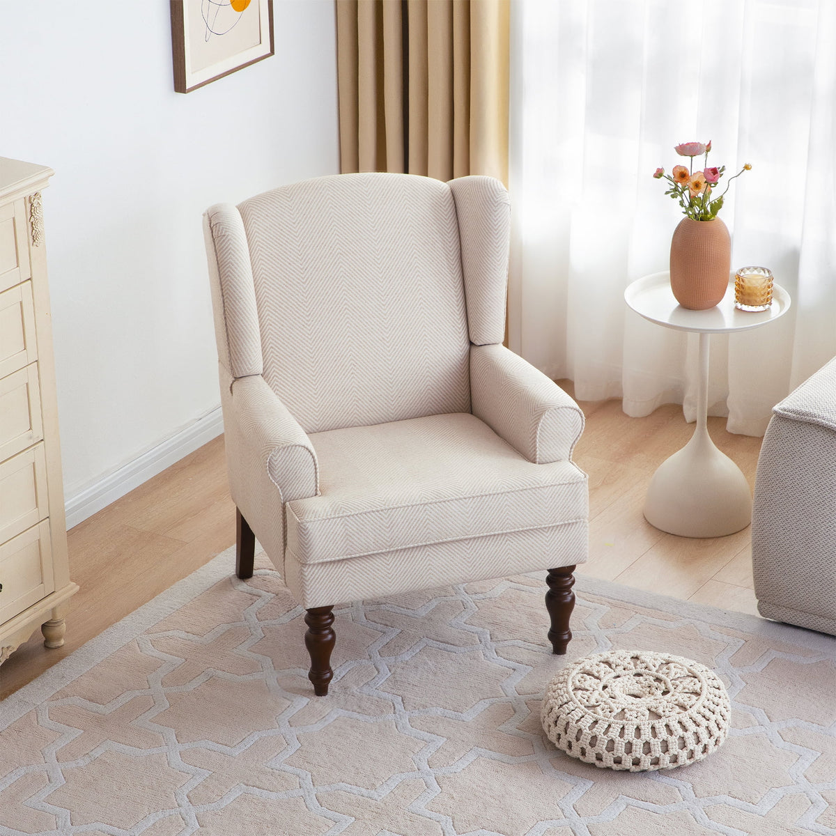 Tan Twill Upholstered Wingback Accent Chair with Solid Wood Legs M86302